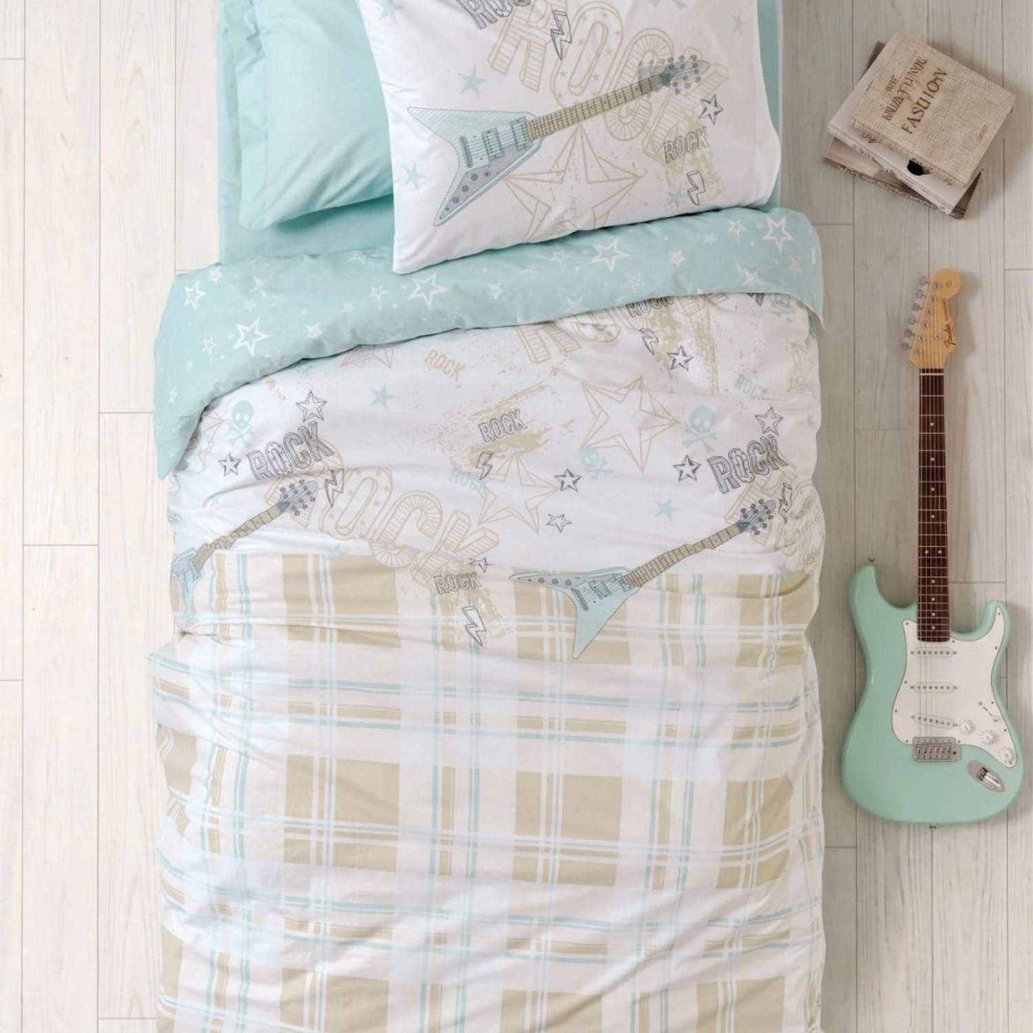 Cotton Box Genç Odası Tek Kişilik Lastikli Çarşaflı Nevresim Takımı Riff Mint