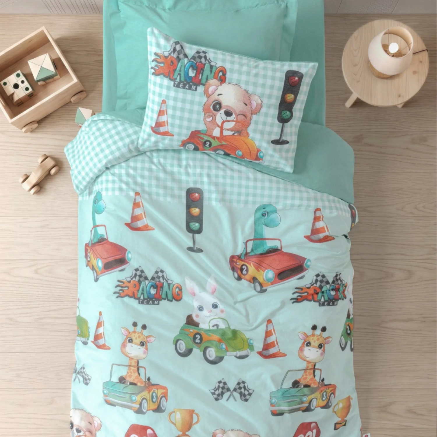 Cotton Box Junior Tek Kişilik Lastikli Çarşaflı Nevresim Takımı Vroom Mint