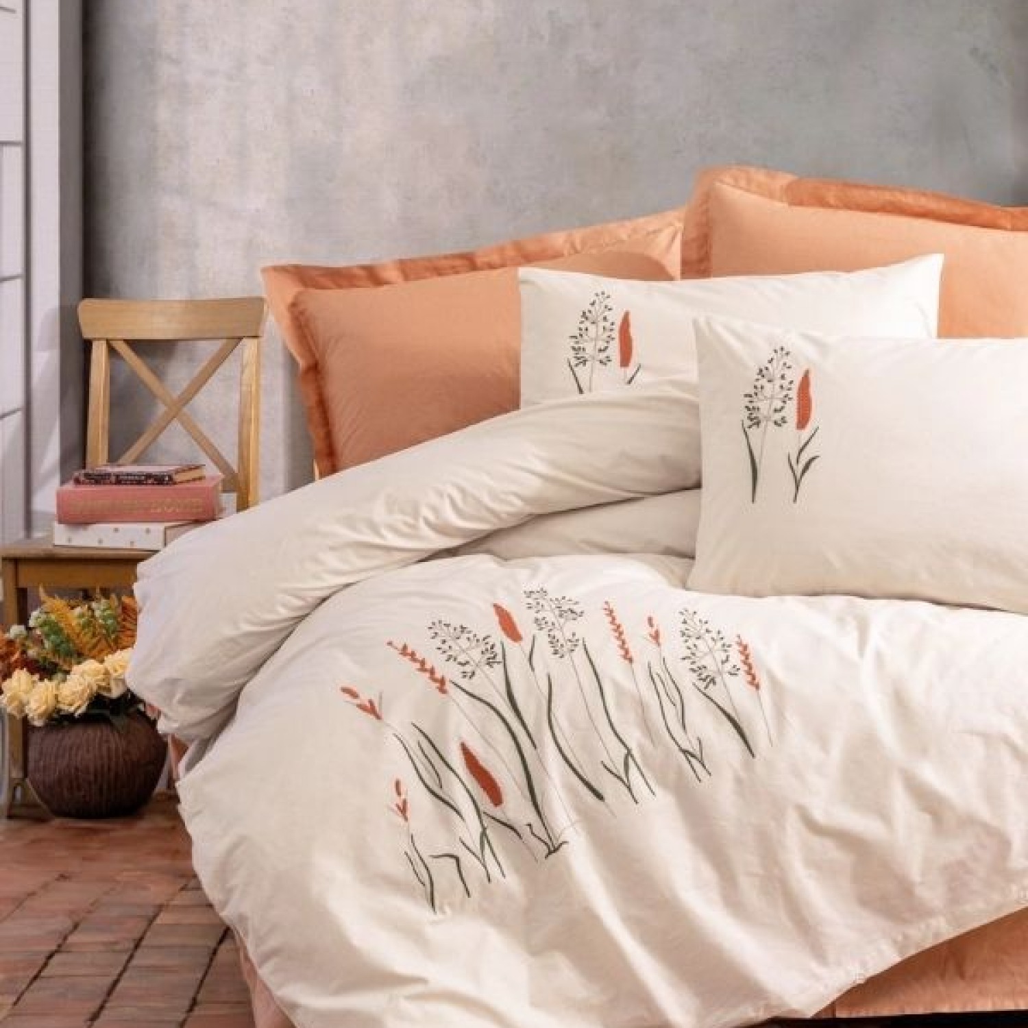 Cotton Box Nakışlı Ranforce Çift Kişilik Nevresim Takımı Maia Karamel